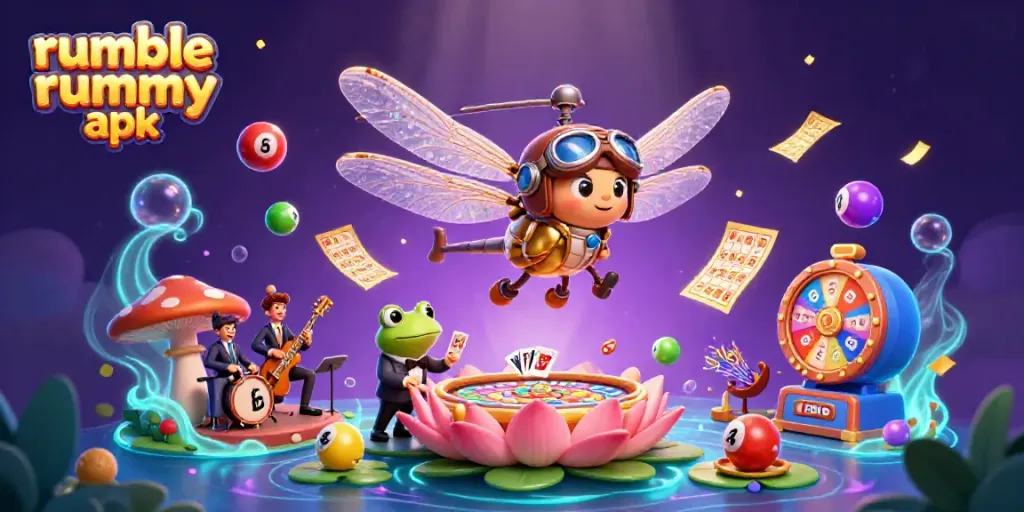 Engage in exciting gameplay with the Rumble Rummy apk as a dragonfly pilot and frog dealer light up the casino.