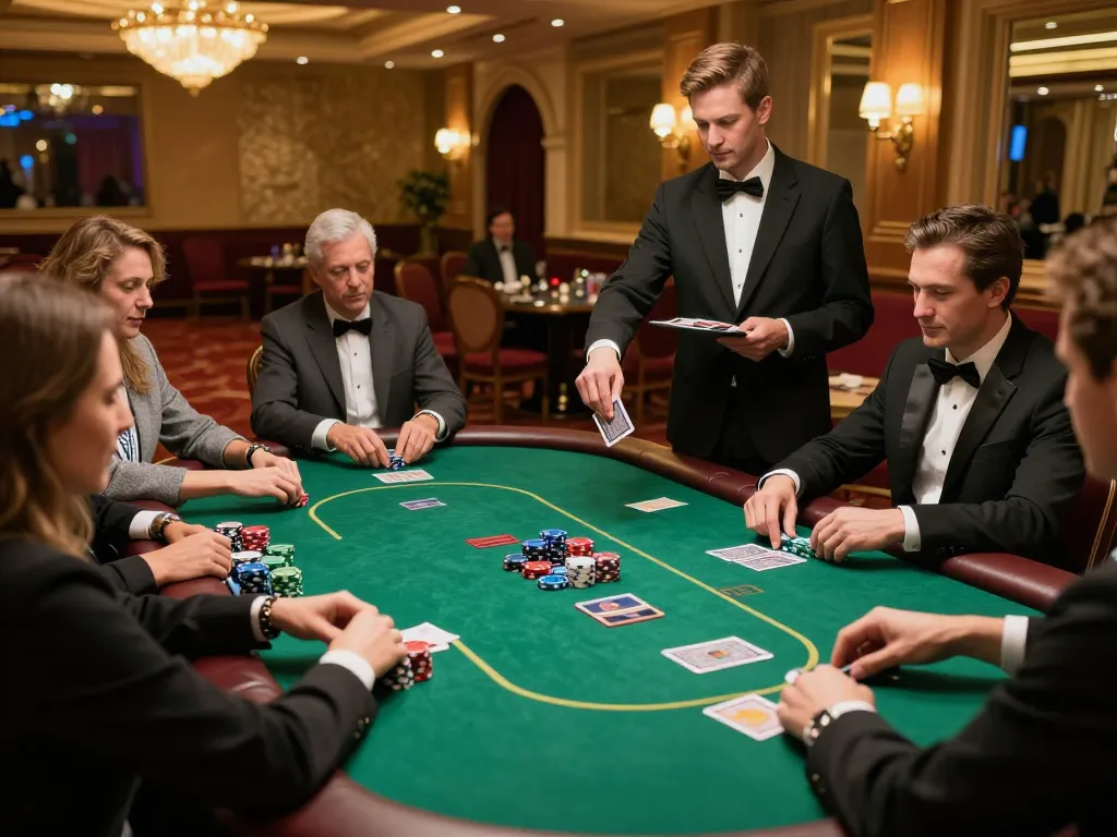 PLANET88 poker game in an upscale casino with players focused on their hands and professional dealer in action.
