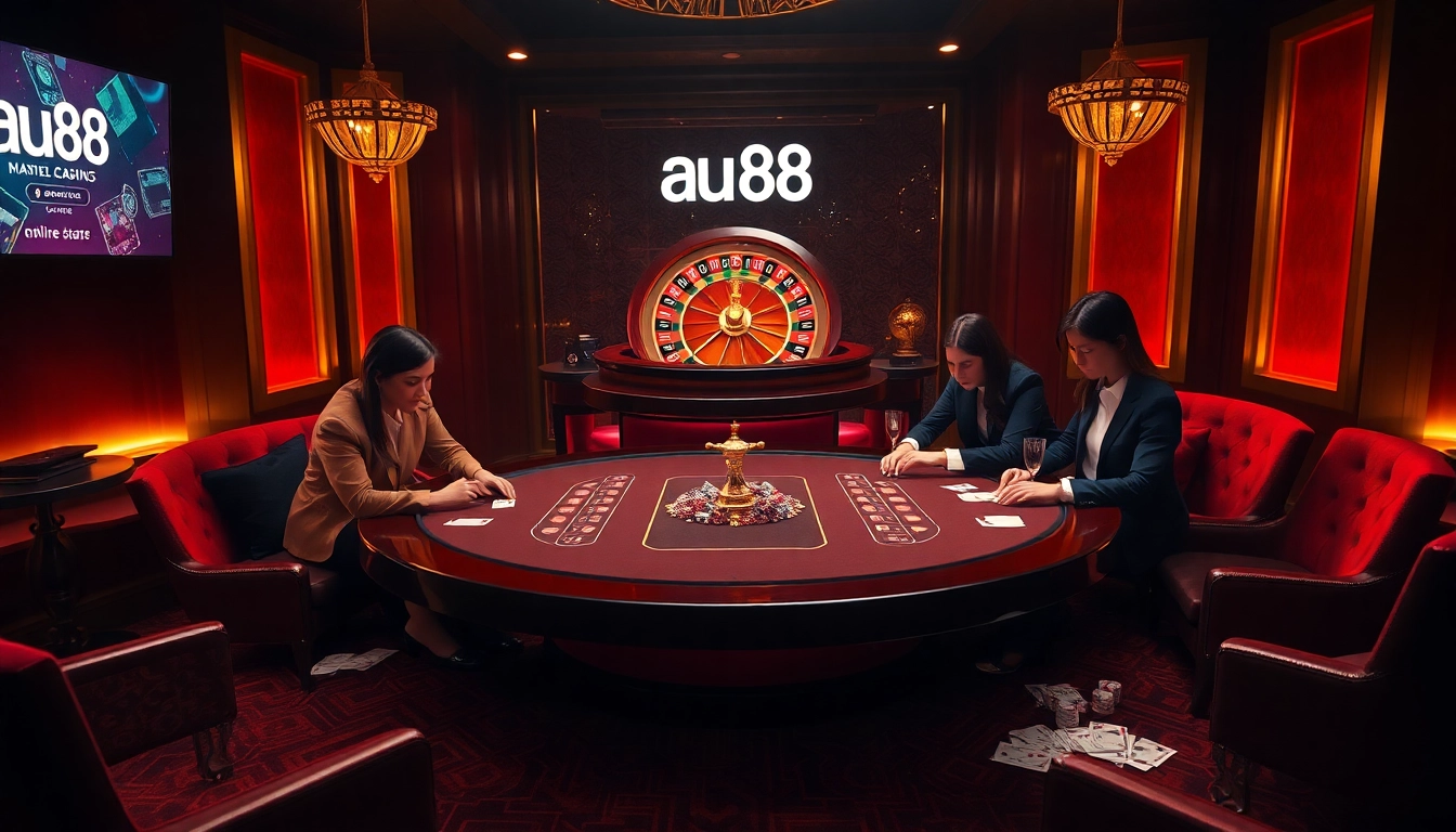 Experience the thrill of au88 with an elegant casino scene featuring players at tables and glowing digital interfaces.
