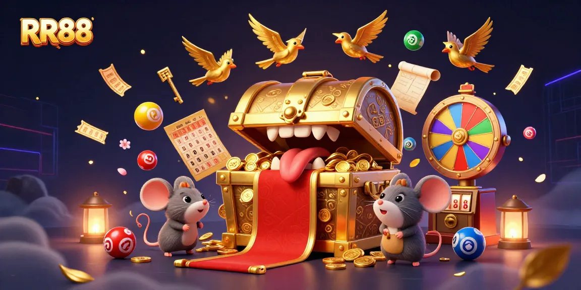 Experience the excitement of RR88 with vibrant games and treasures in this dynamic casino illustration.
