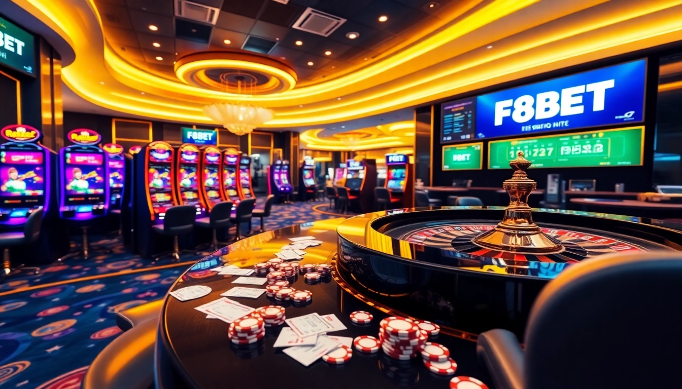 F8BET poker chips scattered on a luxurious casino table with vibrant slot machines and a roulette wheel.