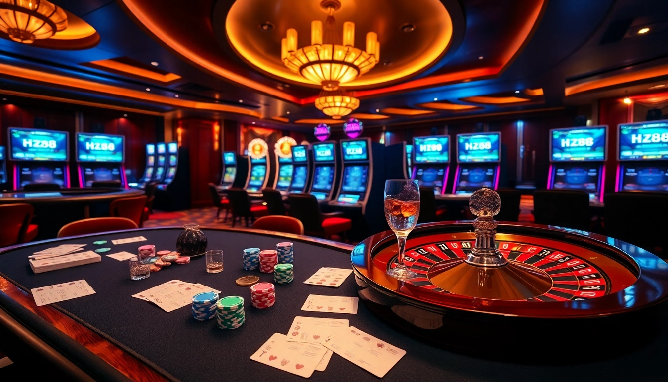 Exciting HZ88 đăng nhập casino scene featuring poker chips, cards, and roulette wheel with dynamic betting interface