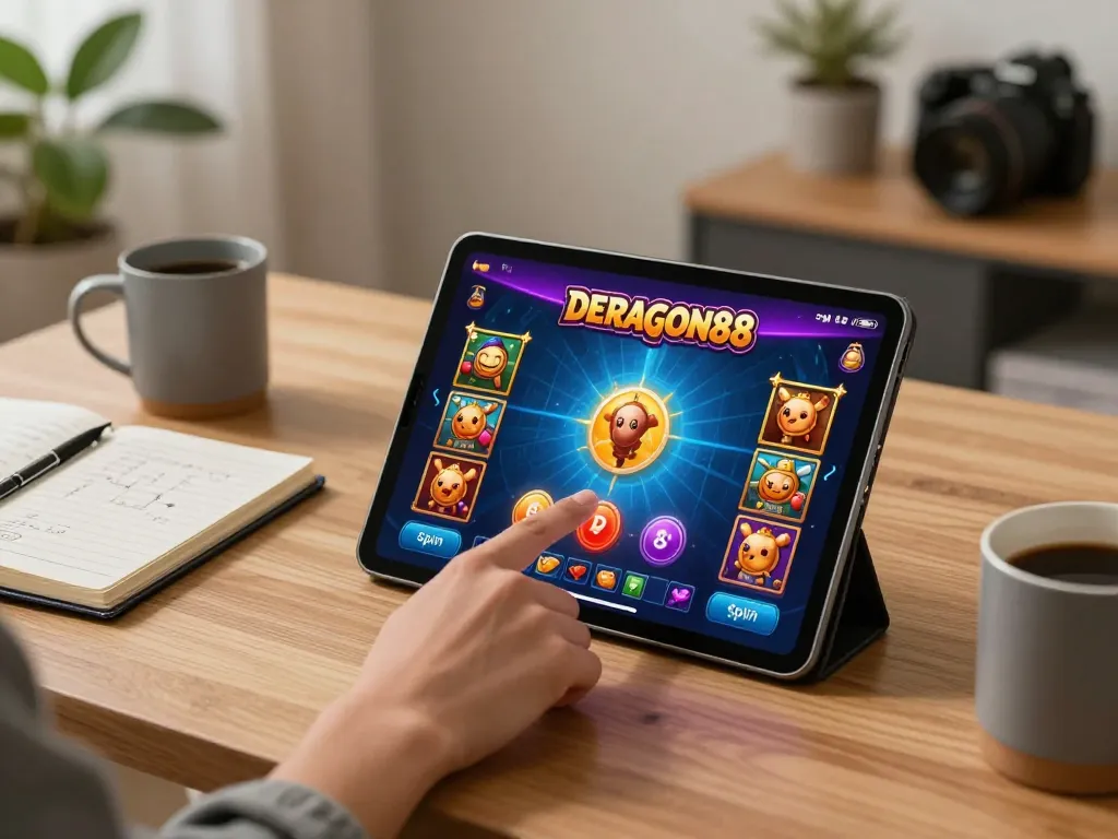 Pemain yang sedang menggunakan aplikasi deragon88 di tablet untuk menikmati permainan kasino.