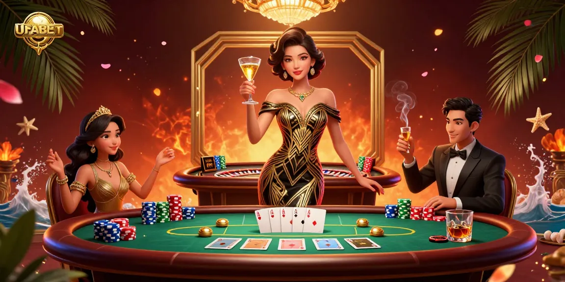 Win big with UFABET in a luxurious casino scene featuring an elegant woman, poker elements, and rich details.