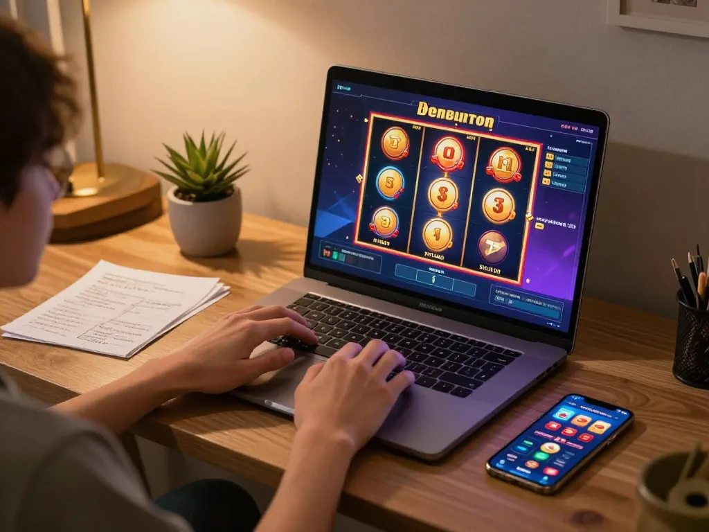 Engaging in exciting slot gacor gaming from a cozy home office setup, with vibrant visuals on laptop screen
