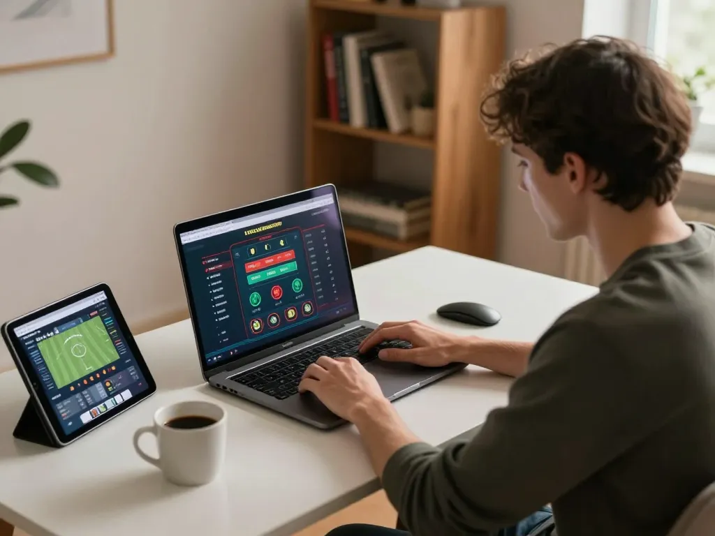 Player engaged in online betting with mm88, using laptop and tablet in cozy home setup.