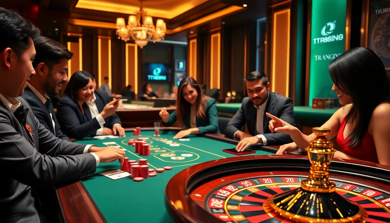 Engaging players enjoy a thrilling experience at TR88 casino table games, highlighted by vibrant chips and cards.