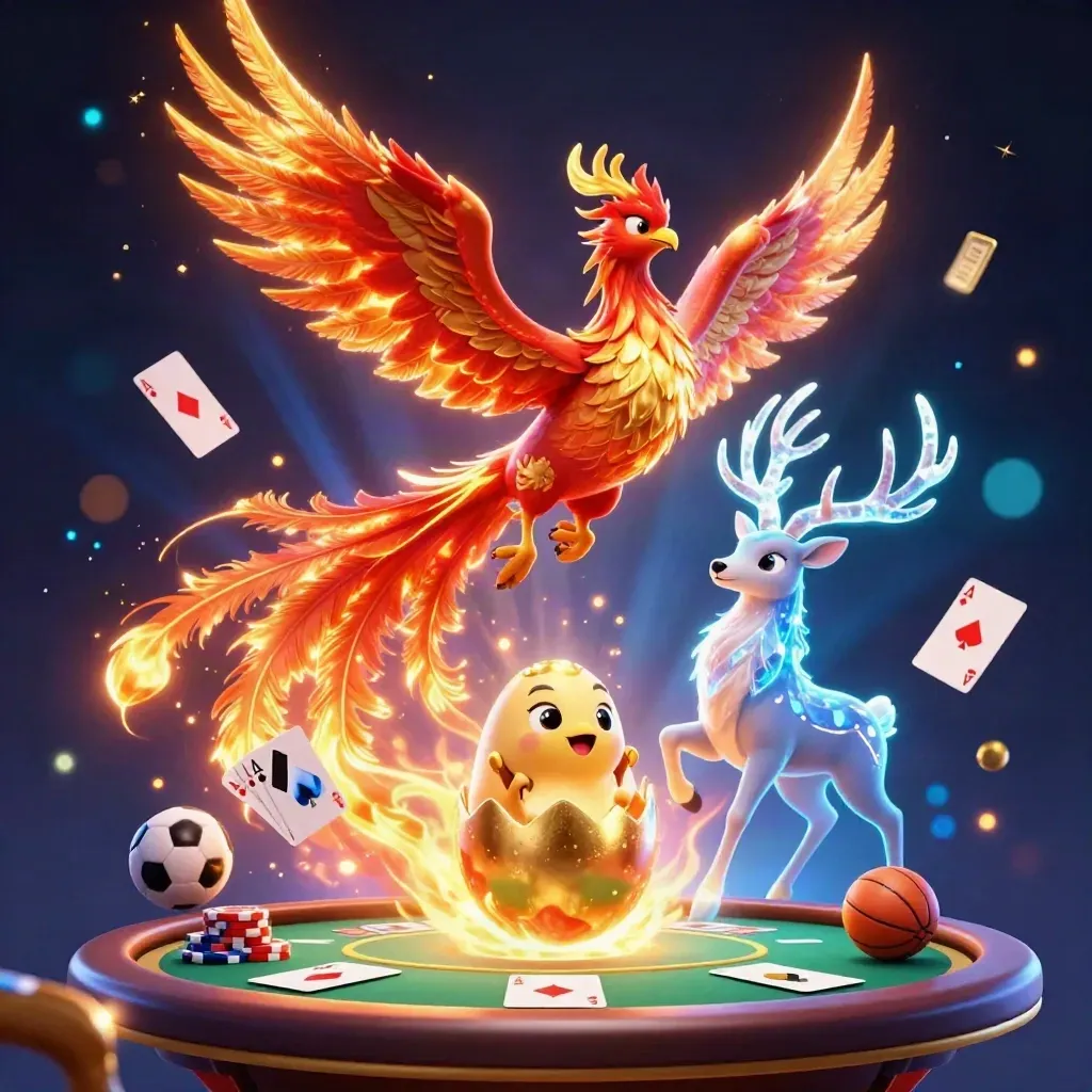 Fire phoenix, baby phoenix, and crystal stag over casino props in neon-blue god-rays.