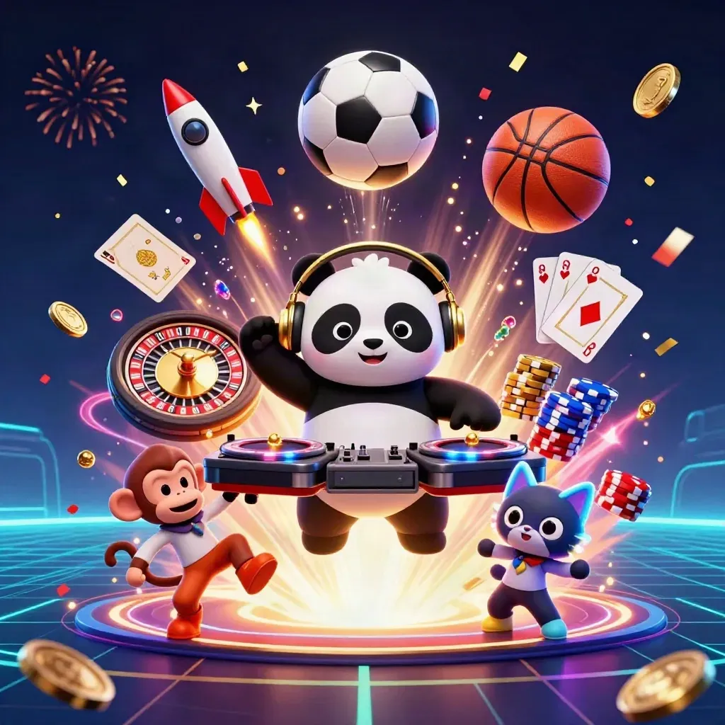 DJ panda, monkey, and kitten burst around a soccer ball in neon casino style.