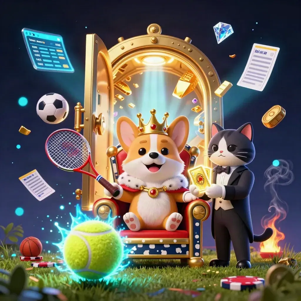 Royal corgi and cat butler amid vault loot, sports balls, blue sparks, and casino glow