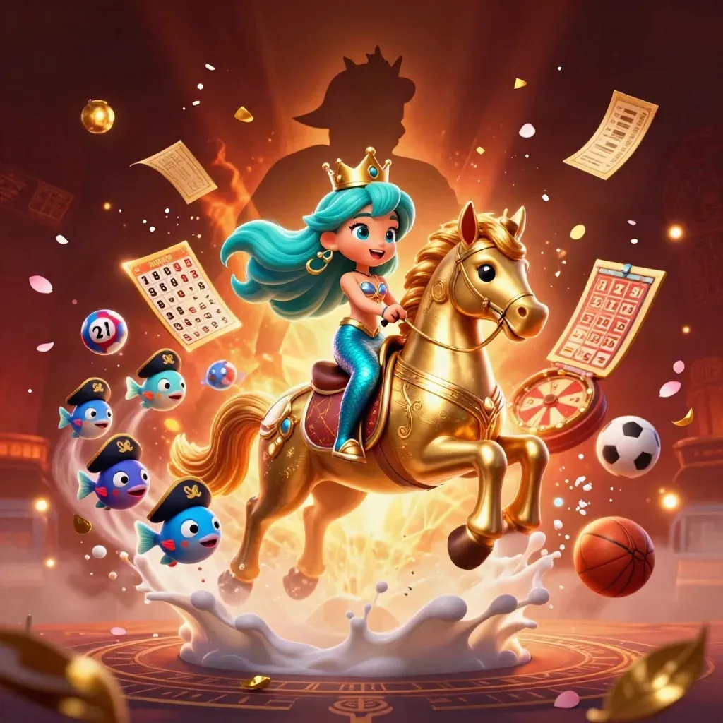 Mermaid princess on armored seahorse amid casino game symbols and glowing fantasy lights