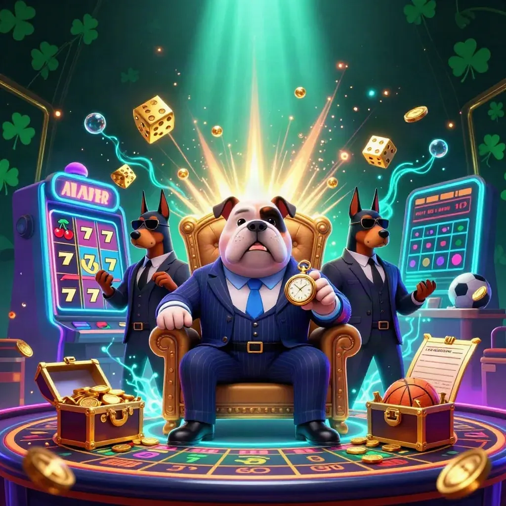 Bulldog boss and Dobermans amid slot burst, gold, cyan glow, and sports betting props