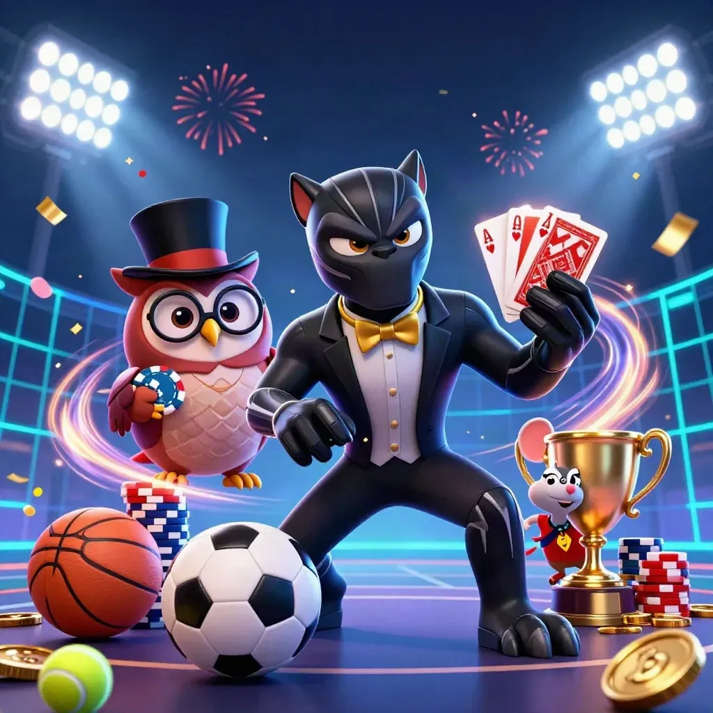Panther, owl and mouse amid flying balls, chips and neon casino lights.