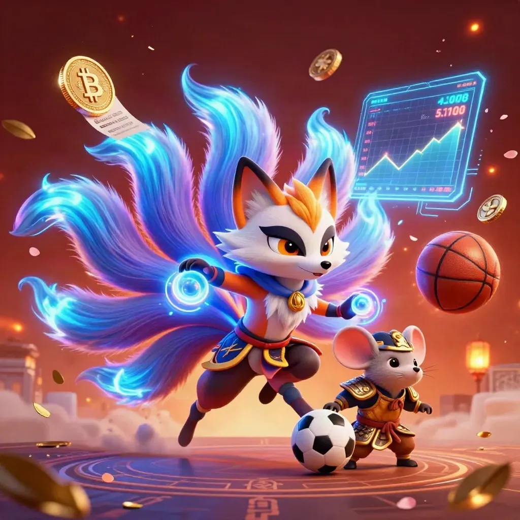 Neon fox spirit and gold-armoured mouse amid flying coins, balls, embers and blue arena light.