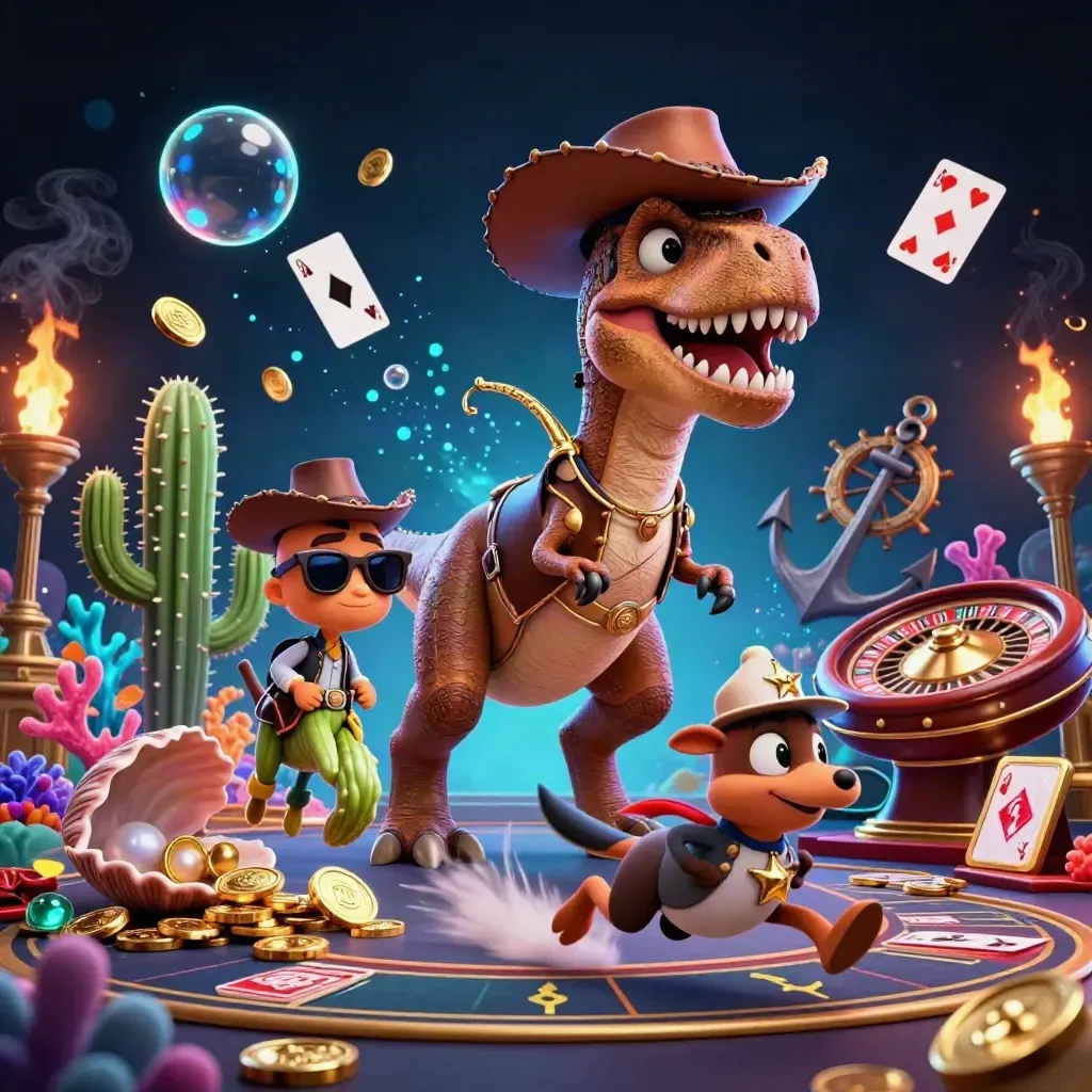 Cowboy T-Rex, cactus sidekick, and roadrunner amid neon-blue casino treasure and glowing lights