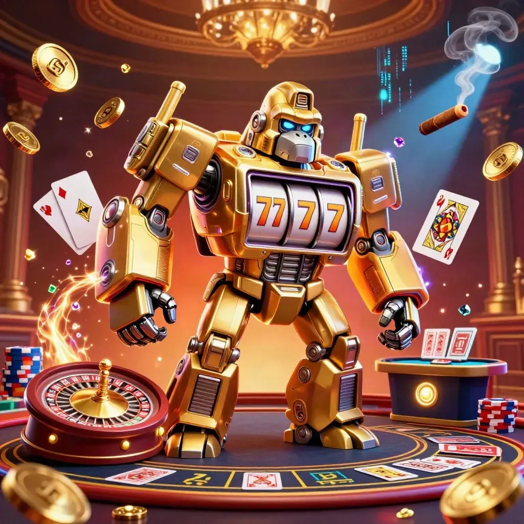 Golden gorilla mech with monkey pilot amid casino lights, coins, gems, and neon energy.