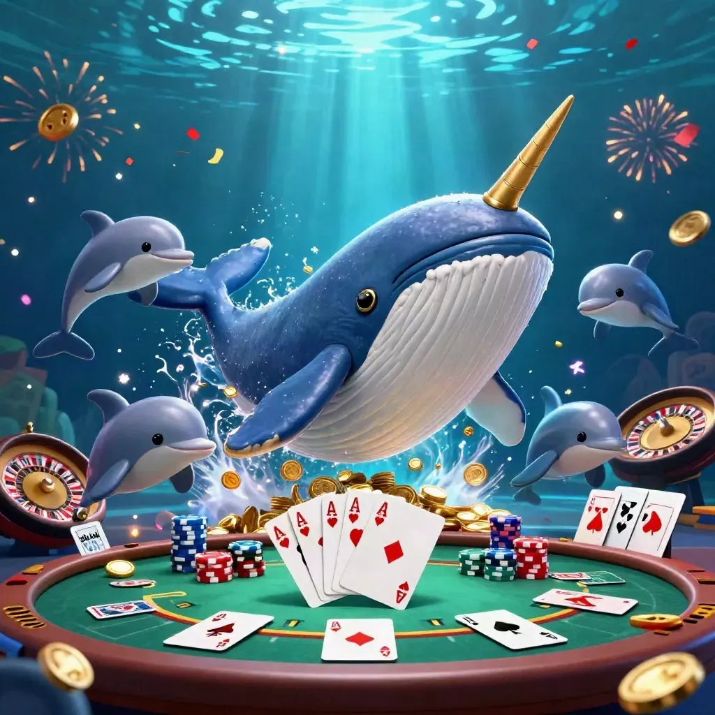 Whale captain, narwhal, and dolphins explode through neon casino coins underwater.