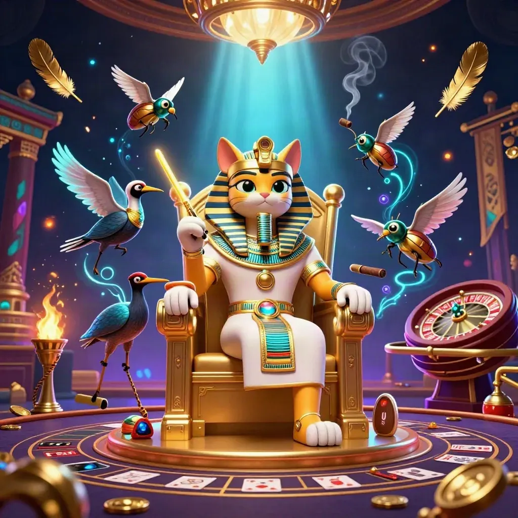 Pharaoh cat on a golden throne with ibis scribe and gem-wing scarabs in neon casino light.