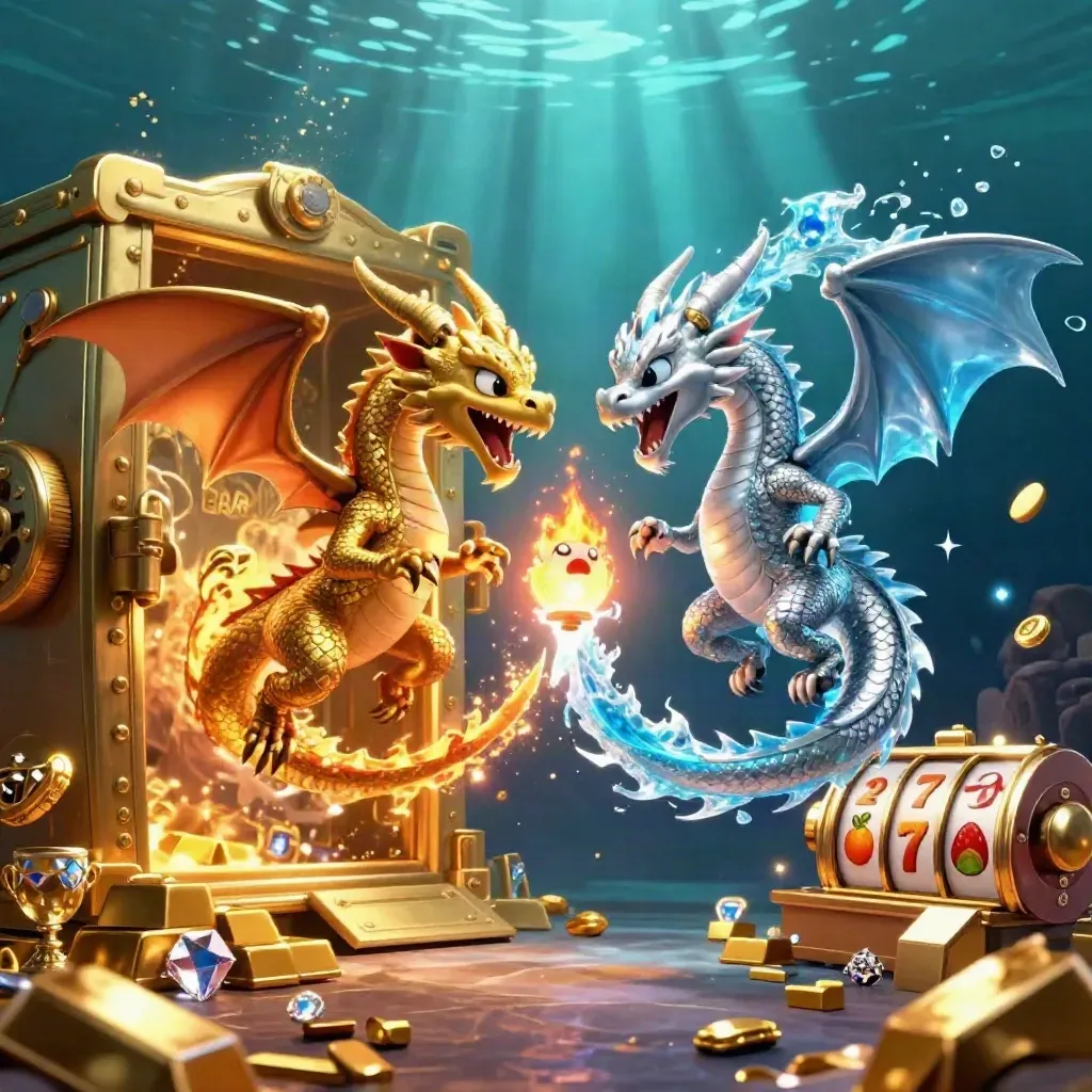 Twin gold and silver dragons burst from a treasure vault in neon-blue underwater casino light.