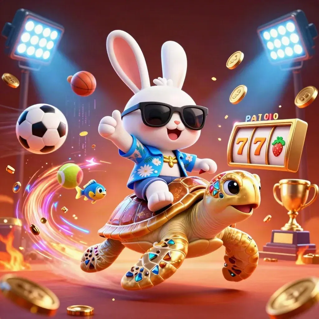 Lucky rabbit rides a gem turtle through neon cyber-casino energy, coins, balls, and reels.