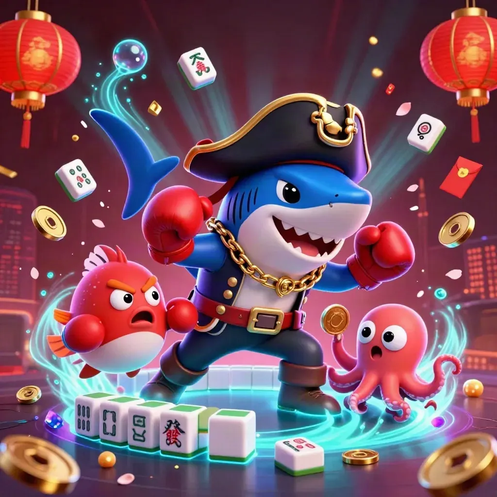 Pirate shark, boxing pufferfish, and juggling octopus amid neon casino effects and treasure bursts.