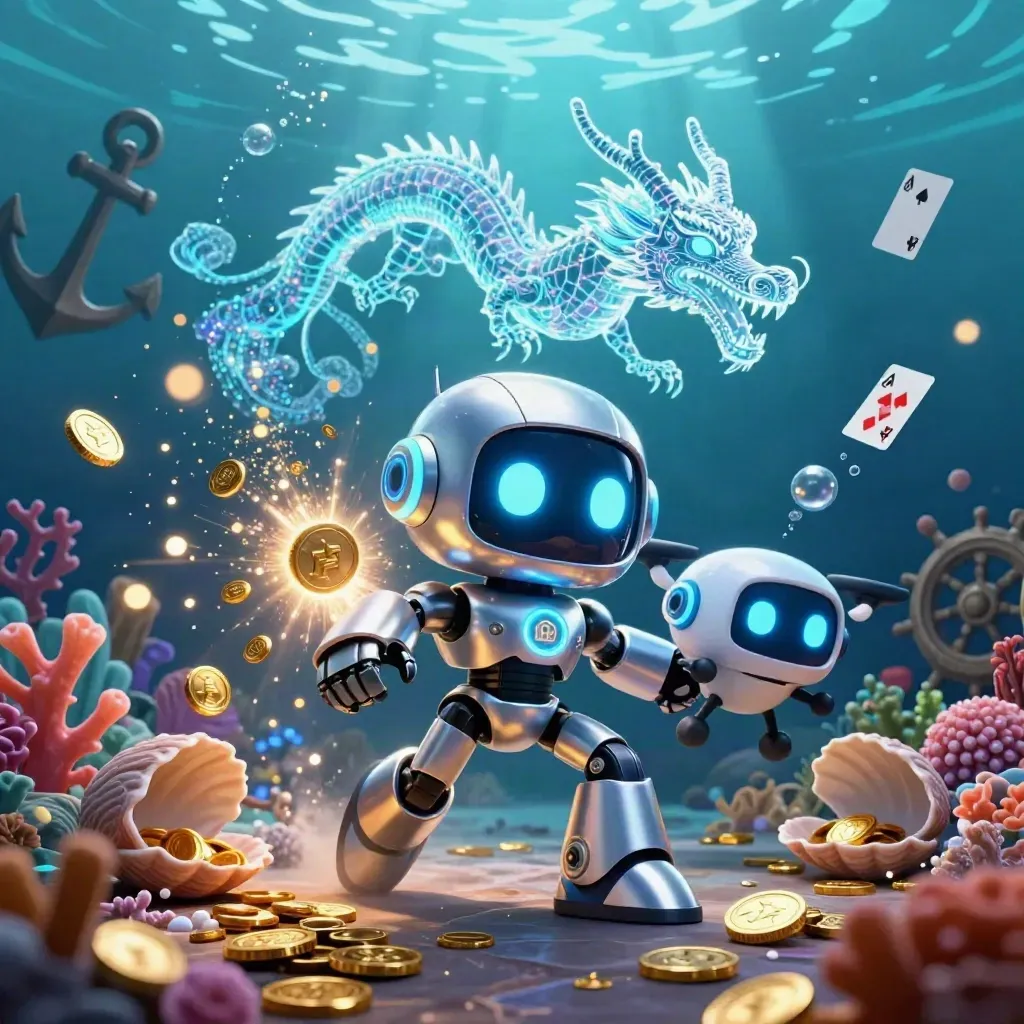 Cyberpunk robot, holographic dragon, and drone amid an underwater gold coin burst