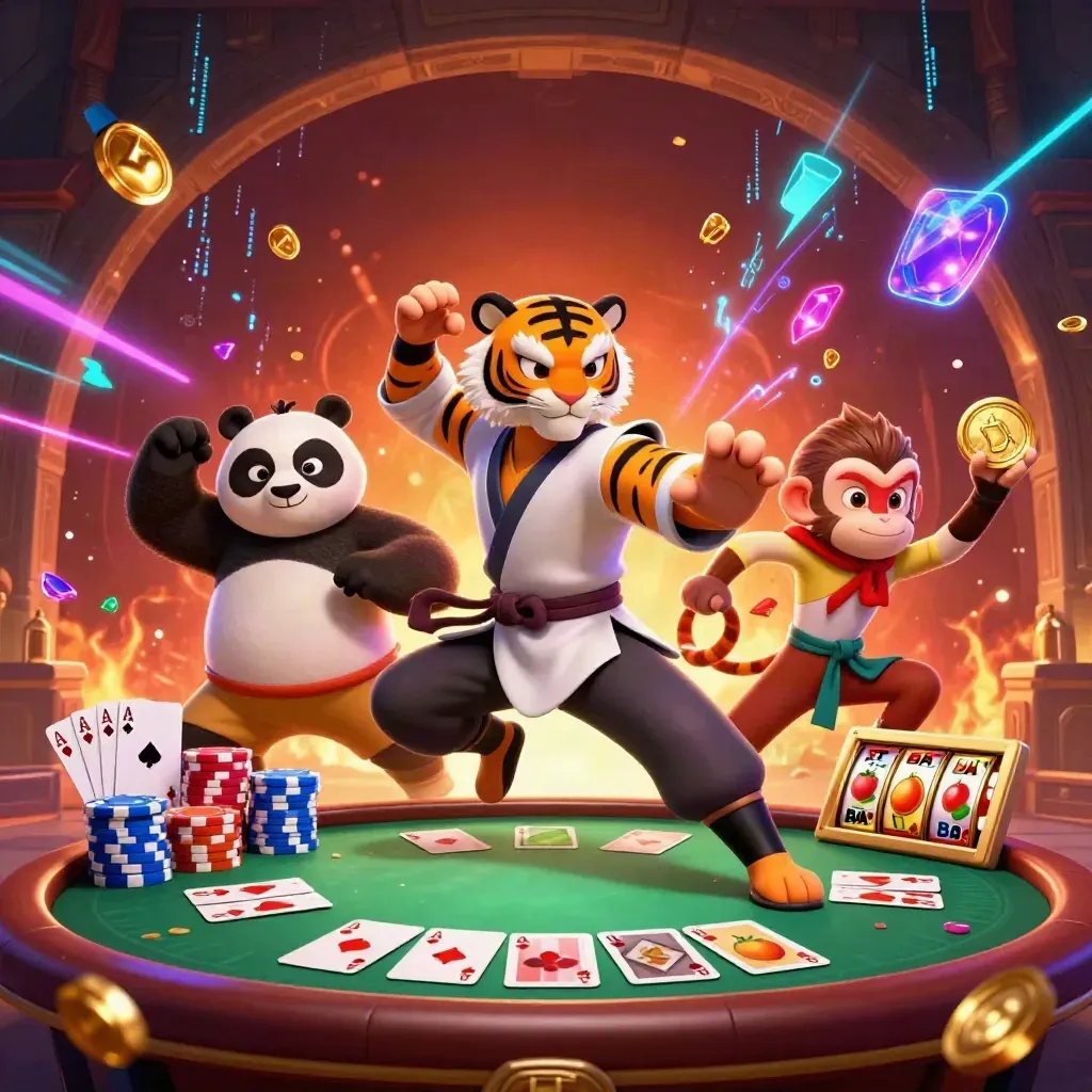 Kung-fu tiger, panda, and monkey amid casino props, neon energy, and fiery tomb glow.