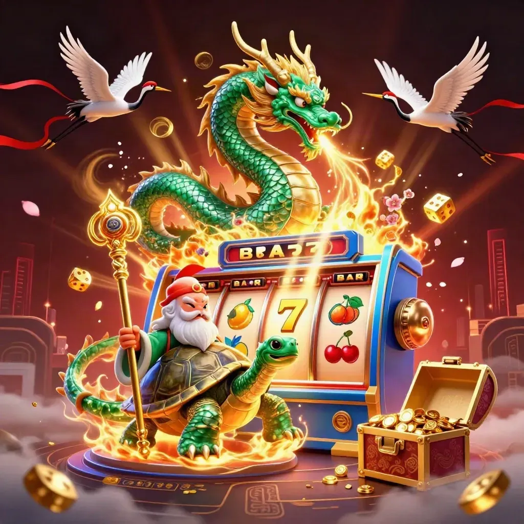Emerald dragon, turtle sage and cranes amid bursting slot machine, gold, runes and neon casino energy.