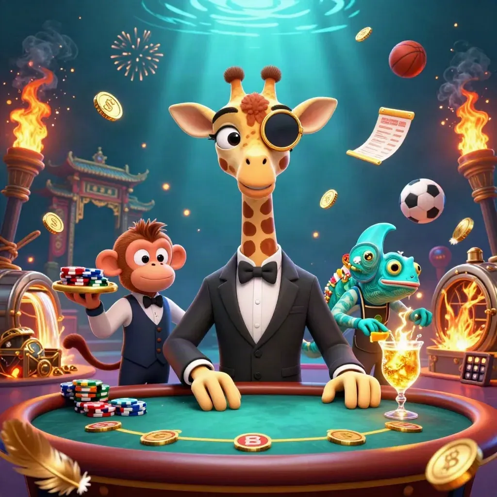 Giraffe, monkey, and chameleon celebrate with coins, fireworks, and temple gate under blue light