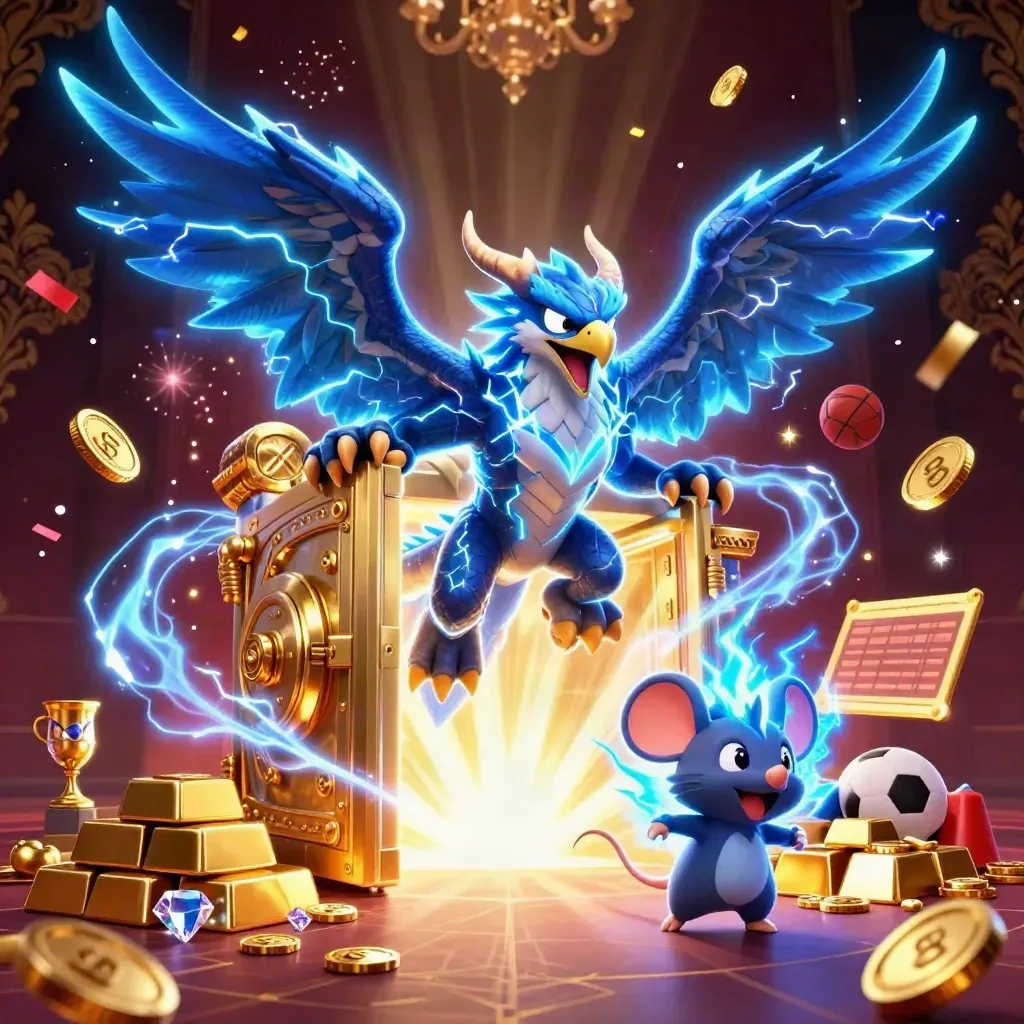 Lightning dragon, wind hawk, and thunder mouse burst from a gold vault with coins and fireworks.
