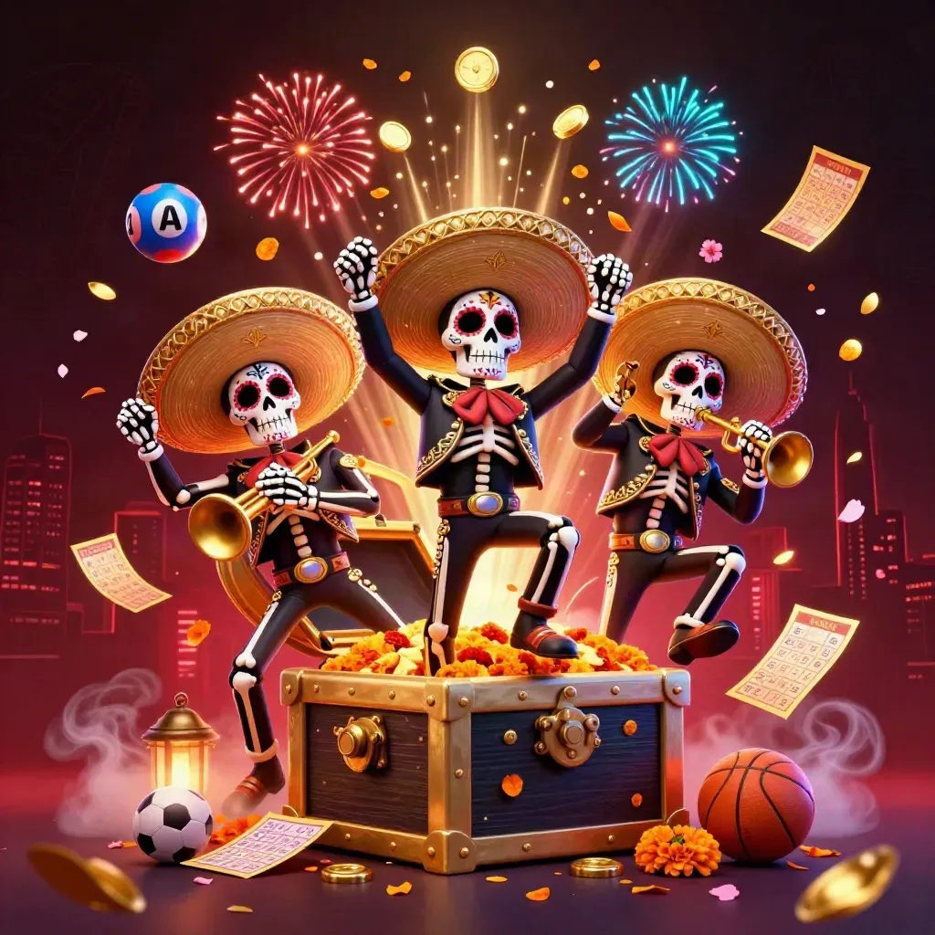 Three festive skeleton mariachi performers burst from treasure amid coins, fireworks, balls, and glowing casino elements.