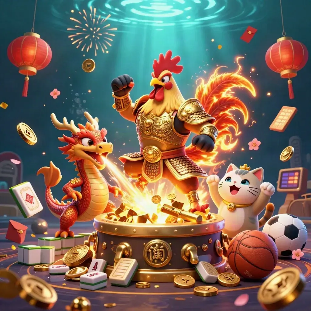 Rooster warrior, spark-breathing hatchling, and lucky cat amid coins, fireworks, and casino treasure.