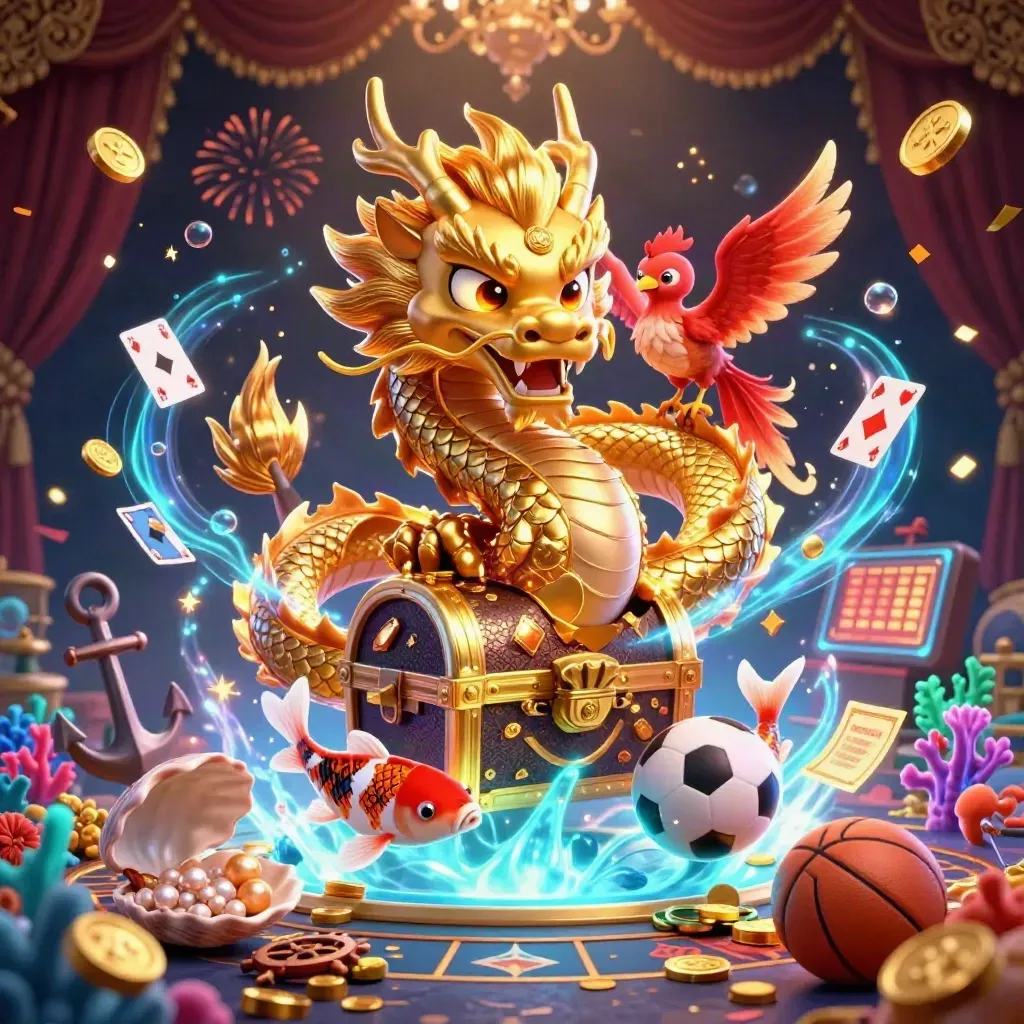 Golden dragon with phoenix and koi amid coins, treasure, fireworks, and neon casino effects.