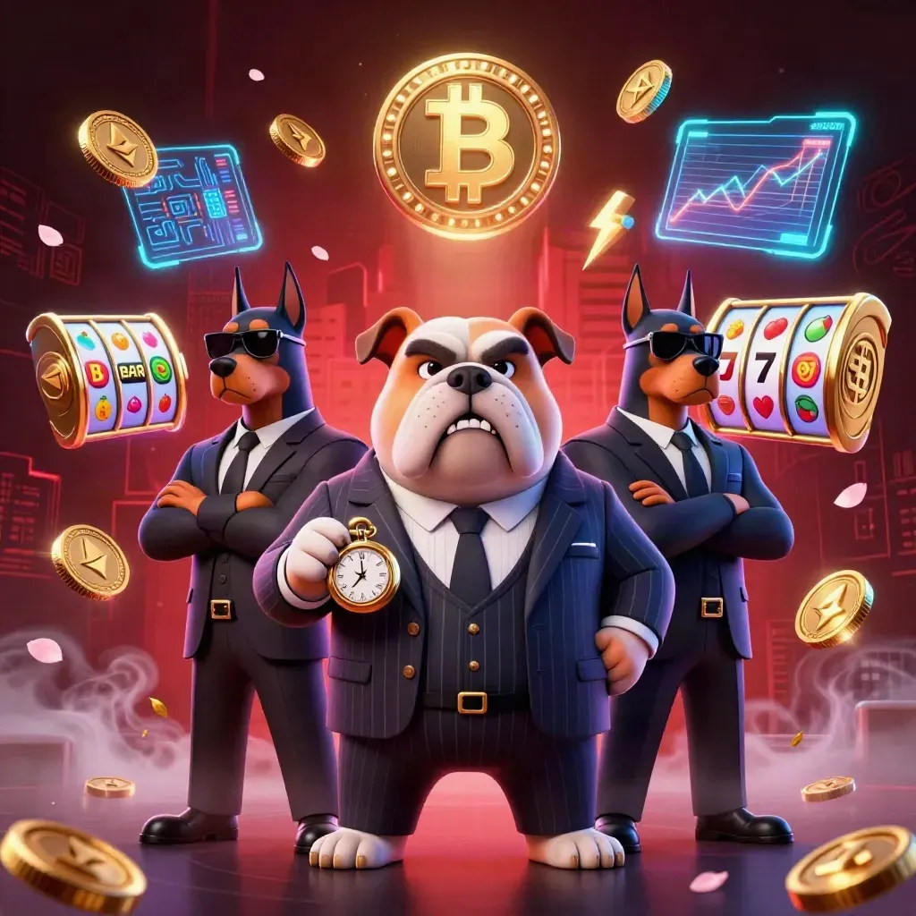Cartoon bulldog boss with two Doberman guards, neon casino coins, reels, and cyber lights.