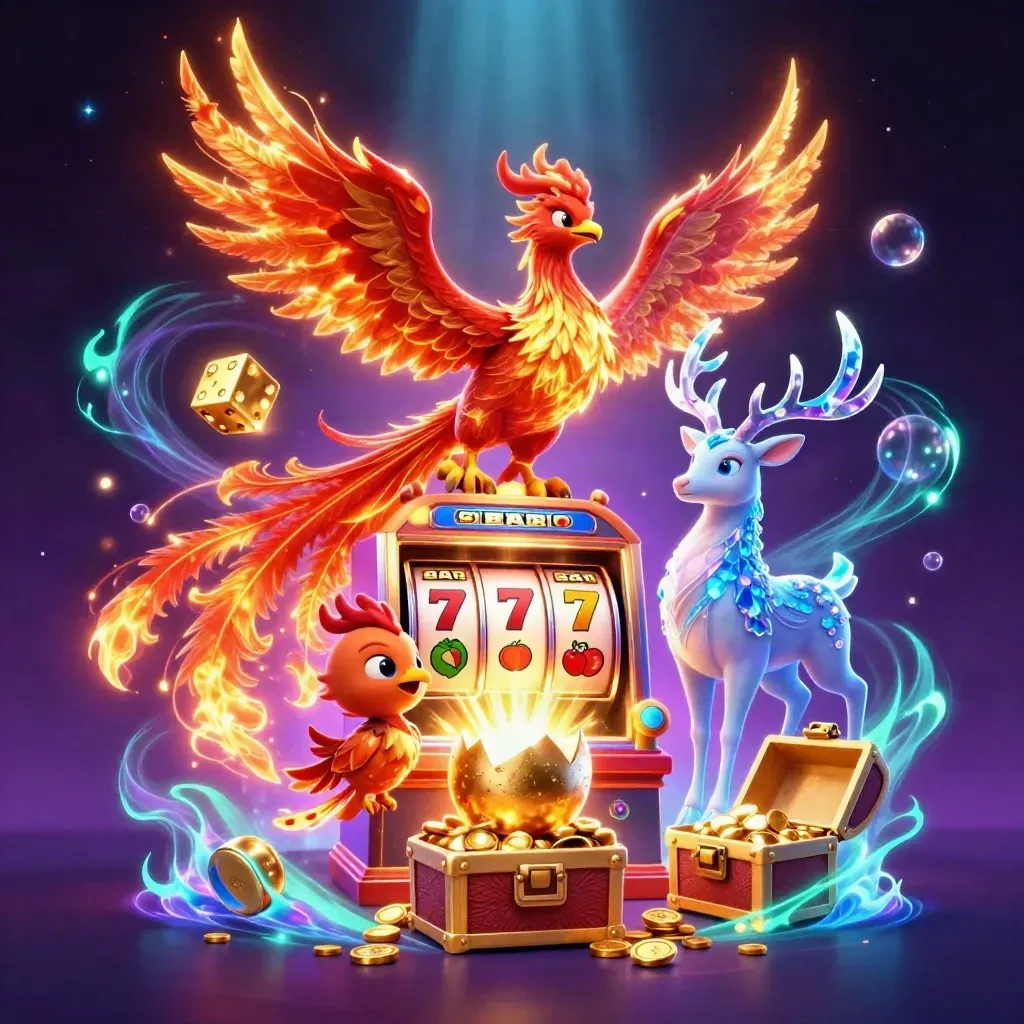 Phoenix, stag and baby phoenix amid slot machine bursts, gold, dice and neon cyber lights.