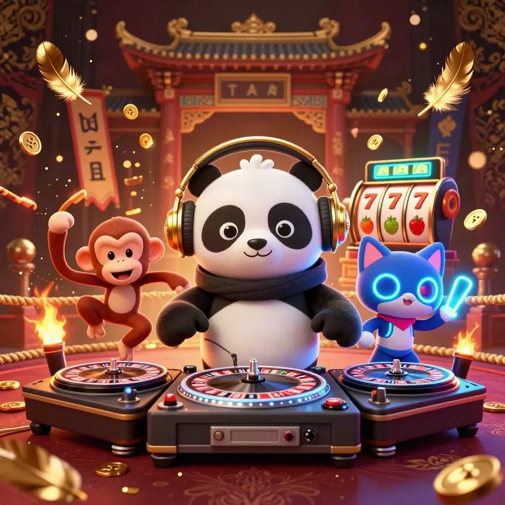 DJ panda, breakdancing monkey, and rave kitten amid roulette turntables, gold coins, blue-cyan casino glow
