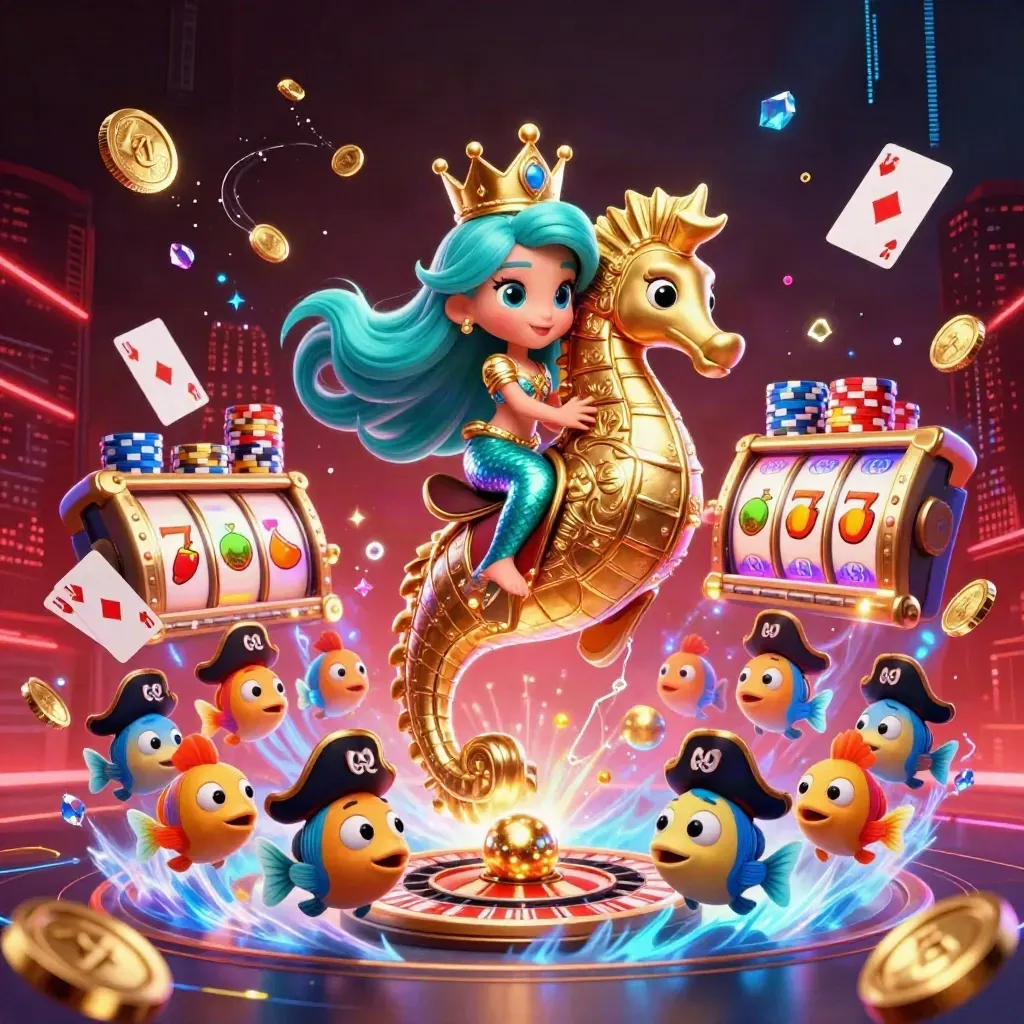 Cyan-lit mermaid princess on an armored seahorse amid coins, cards, chips, and casino effects.