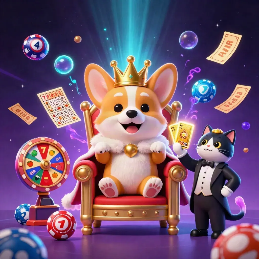 Royal corgi and cat butler amid casino wheels, lottery balls, and neon blue energy