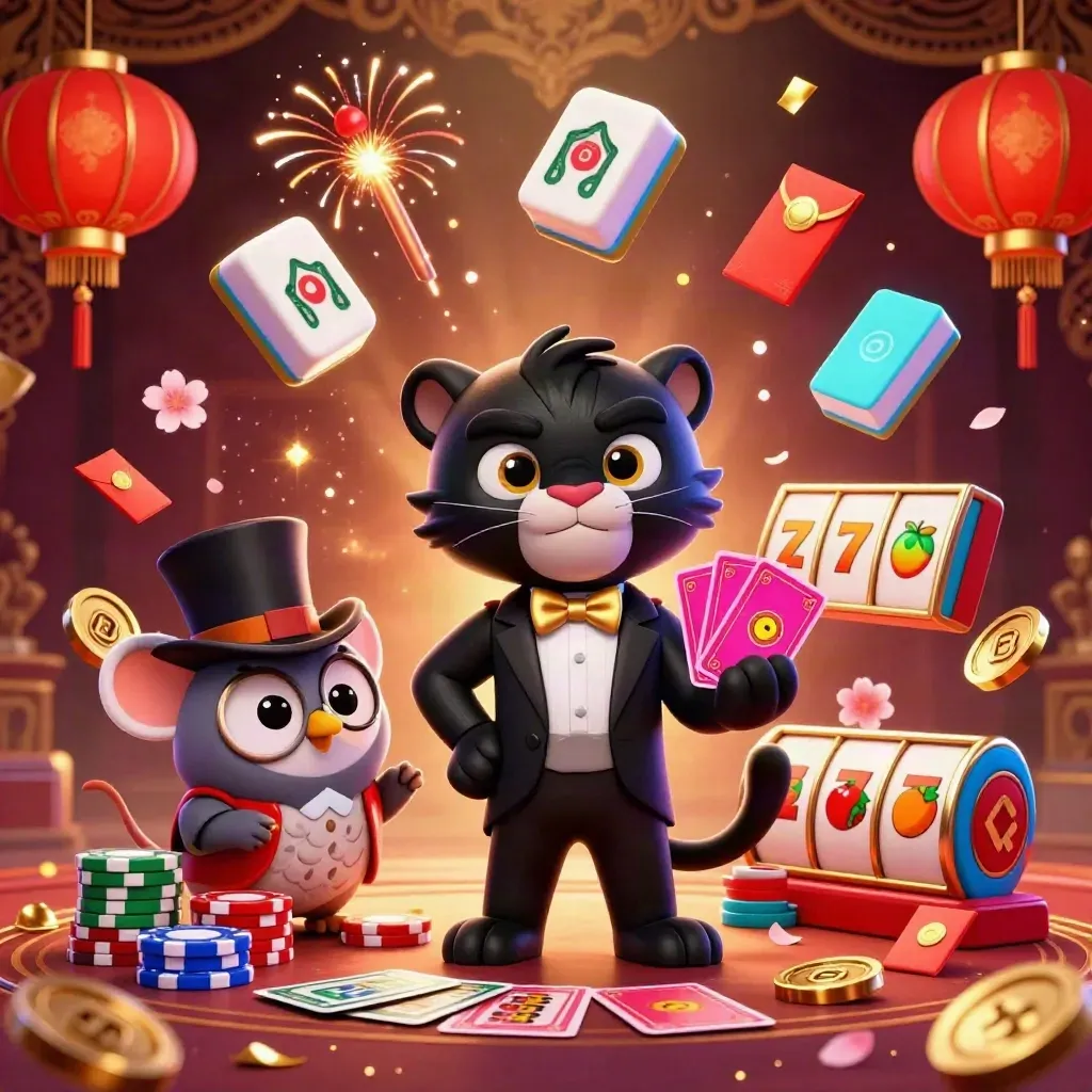Panther, owl, and mouse in a luxury neon casino burst with chips, lanterns, coins, and cards.