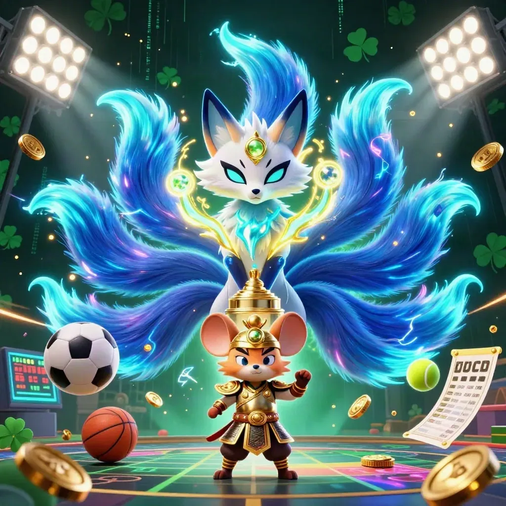 Nine-tailed fox spirit and samurai mouse with trophy, coins, balls and neon casino effects.