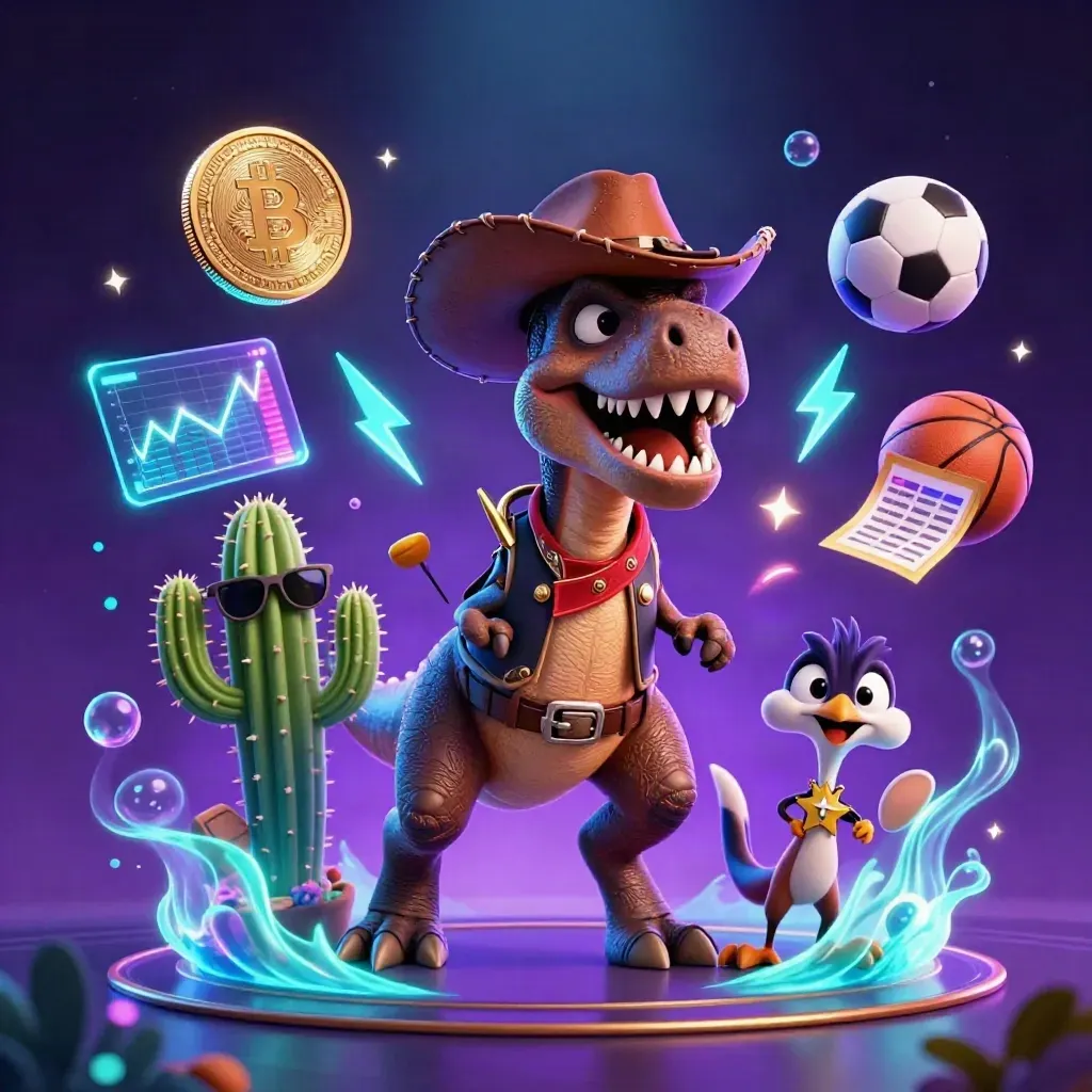 Cowboy T-Rex, cactus sidekick, and roadrunner amid neon coins and glowing sports gear