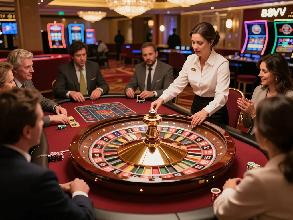 Players placing bets and engaging at the roulette table in the luxurious 88vv casino atmosphere.