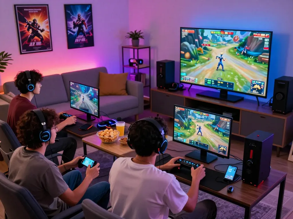 Engaged friends participating in an online gaming session with dewi100 logo visible on screen, showcasing a lively atmosphere.