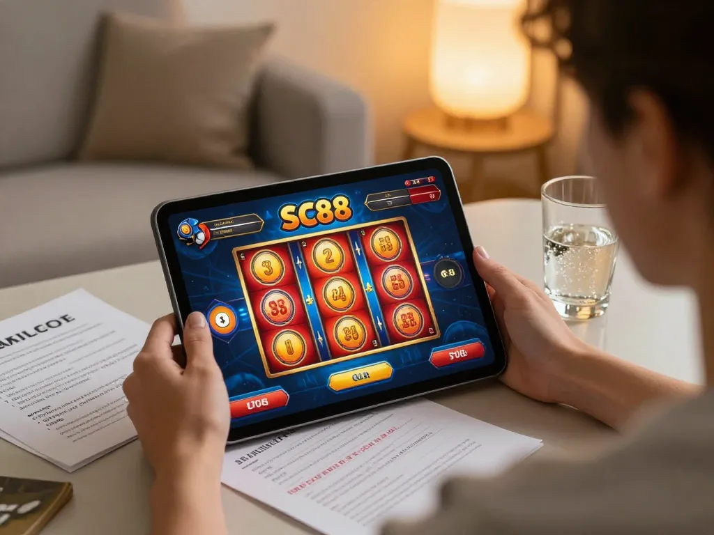 A player enjoying SC88 online slots on a tablet, immersed in a lively gaming atmosphere.