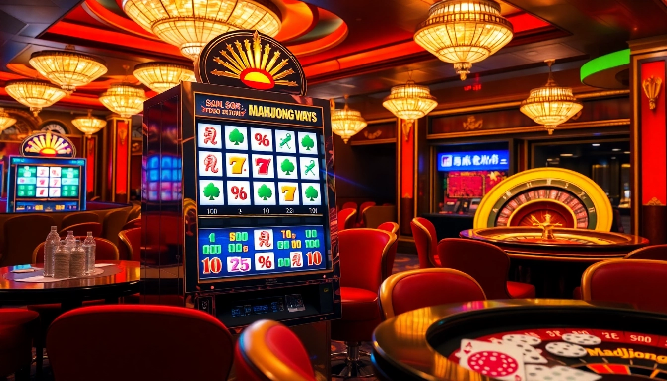 Engaged players enjoying the slot mahjong ways in a vibrant casino atmosphere filled with excitement.