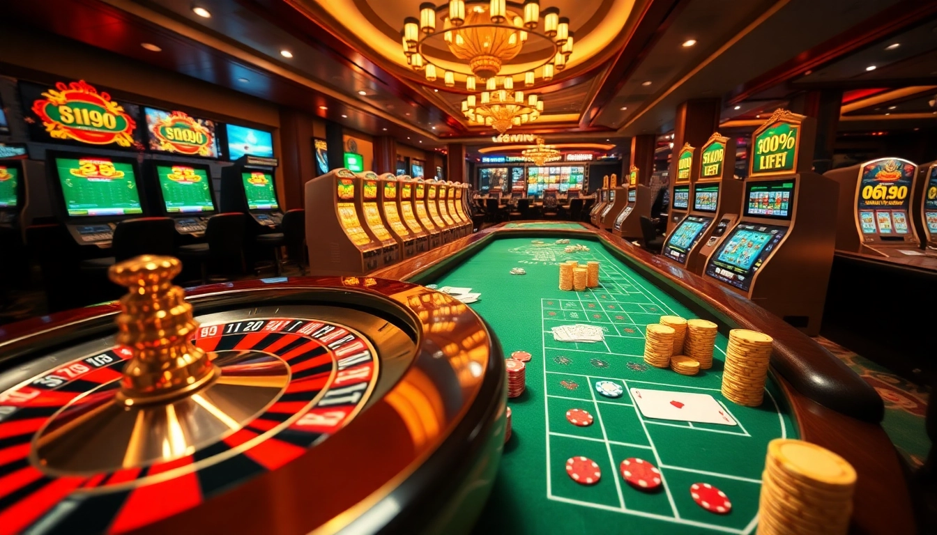 Experience the thrill of 68win with a lively casino scene showcasing poker, roulette, and slot machines.