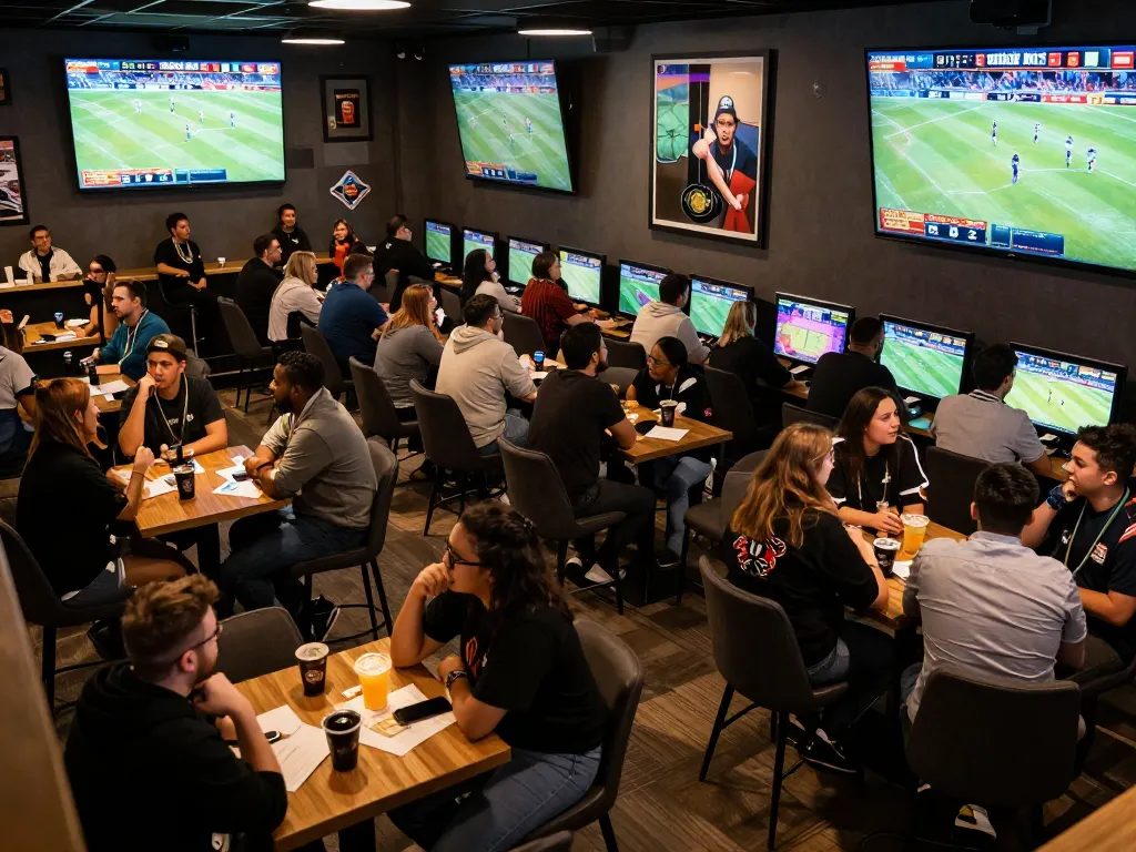 Cheering fans reviewing Ty le keo nha cai on screens during a thrilling sports betting event