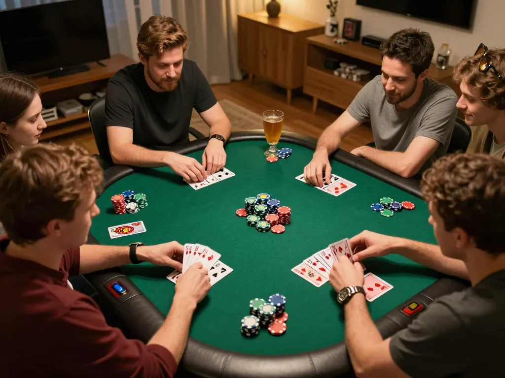 Engaged players enjoying apk mega888 during a competitive home poker night with vibrant atmosphere.