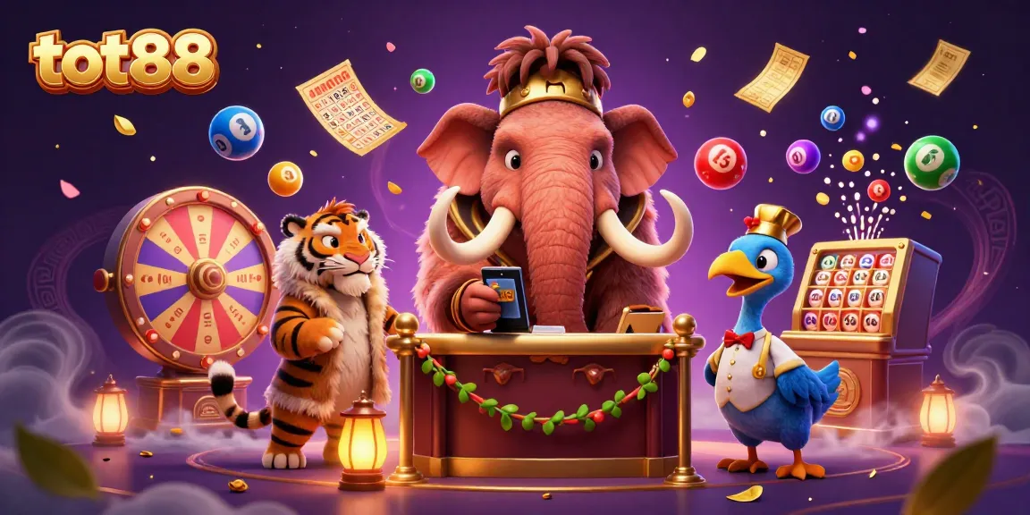 Experience excitement at tot88 with a vibrant 3D casino scene featuring unique characters and lottery elements.