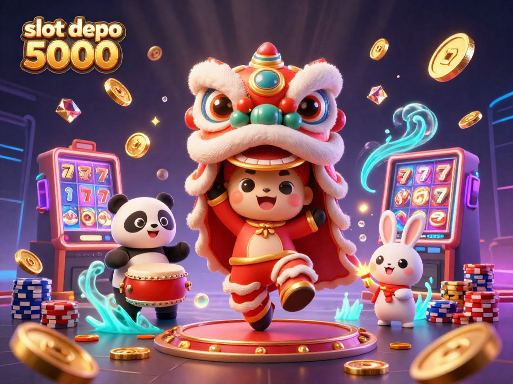 Experience the thrill of slot depo 5000 with a vibrant 3D scene featuring dancing characters, sparkling coins, and slot machine symbols.
